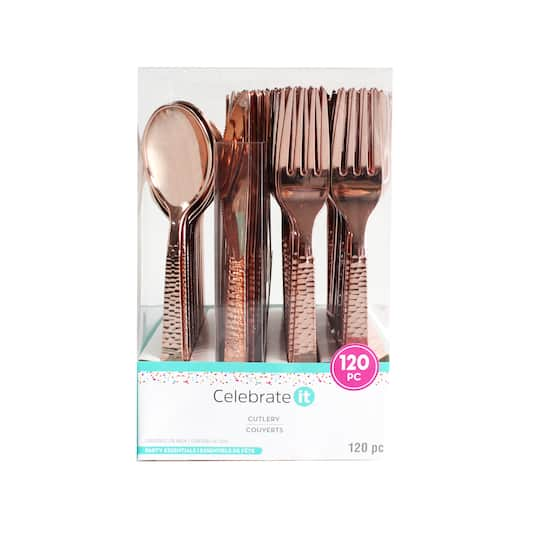 Rose Gold Hammered Plastic Cutlery Set by Celebrate It&#x2122;, 120ct.